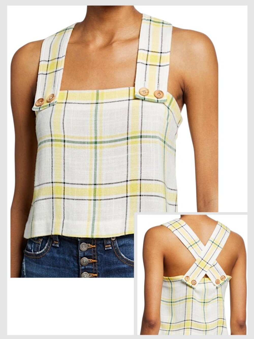 Veronica Beard Gideon Crop Top Cream Yellow Plaid Square Neck XS